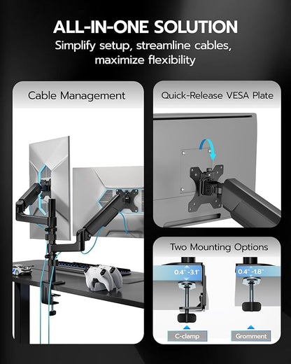 ARES WING Dual Monitor Mount - Ultrawide Monitor Arm for 17 to 40 Inch Heavy Duty Curved Screen up to 26.4 lbs with Clamp/Grommet Desk Mount, 75/100 Vesa Mount, Black