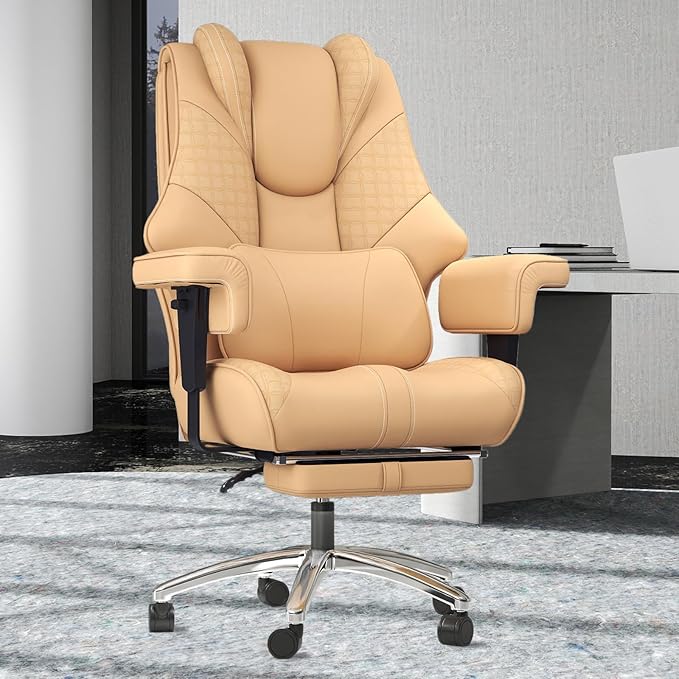 600lbs Big and Tall Office Chair - Wide Ergonomic Leather Executive Chair with Footrest, Lumbar Support & Swivel Wheels (Brown)