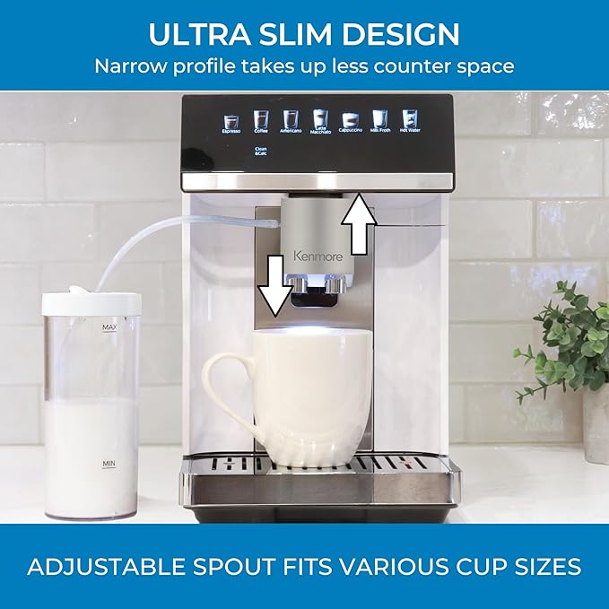 Kenmore Fully Automatic Espresso Machine – Programmable Coffee Machine With Integrated Bean Grinder, Milk Steamer, Frother, Descaler, Barista Cappuccino, Latte, Americano Brewing System, White