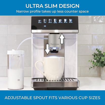 Kenmore Fully Automatic Espresso Machine – Programmable Coffee Machine With Integrated Bean Grinder, Milk Steamer, Frother, Descaler, Barista Cappuccino, Latte, Americano Brewing System, White