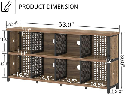 LVB Industrial Horizontal Bookshelf, 4 5 6 7 8 Cube Storage Organizer Bookcase, Modern Wide Large Book Shelf for Bedroom Living Room, Rustic Low Long Wood Metal Office Cubby Shelf, Rustic Oak, 63 Inch