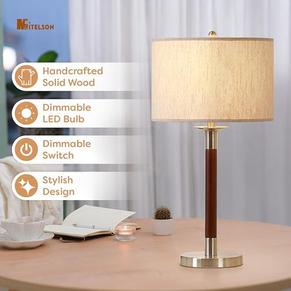 LED Bedside Lamp for Bedroom, Modern Desk Lamp with Dimmable Switch and Bulb, Wood Table Lamp for Nightstand, Desk Reading Lamp for Kids Room, Living Room, Office, Walnut Wood Finish