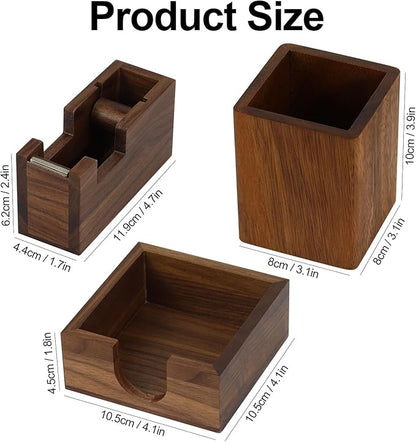 Natural Organizer Set of 3, Wooden Walnut Sticky Notes Holder Tape Dispenser Cutter and Pen Pencil Cup Holder for Women Office Home School