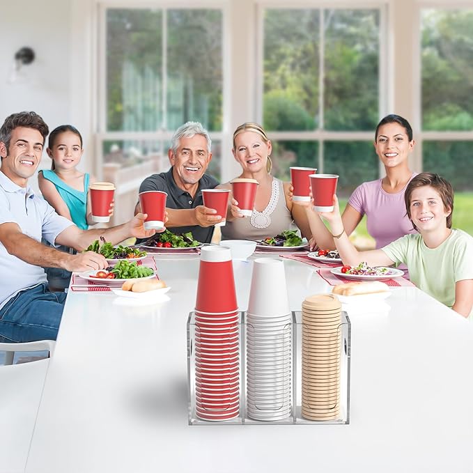 WINFFOR Disposable Cup Organizer Dispenser - 3 Compartments Clear Acrylic Cup and Lid Holder with Handles Plastic Cup Dispenser Countertop Paper Cup Holder for Coffee Bar House Party Essentials