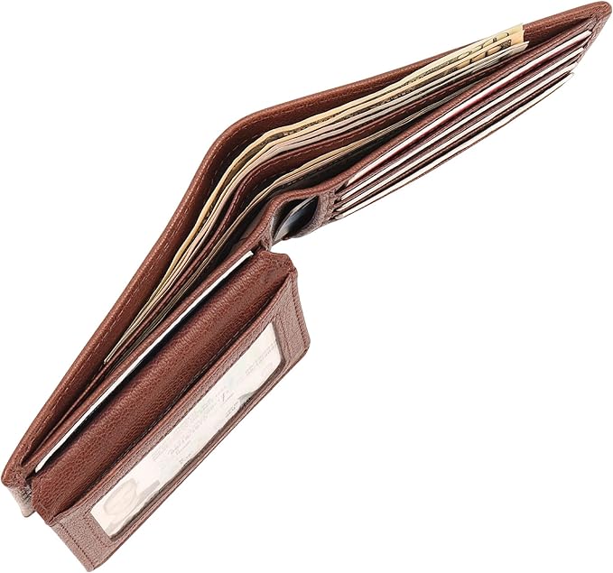 Genuine Leather Mens Bifold Flip ID Wallet RFID Blocking 8 Credit Card Slots 2 ID Window 2 Sections for Bills 3 Additional Slots | Choco