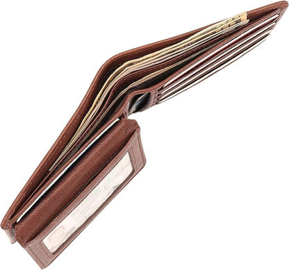 Genuine Leather Mens Bifold Flip ID Wallet RFID Blocking 8 Credit Card Slots 2 ID Window 2 Sections for Bills 3 Additional Slots | Choco