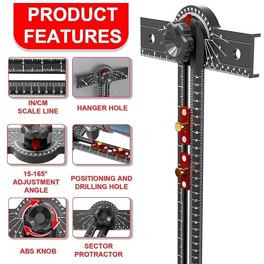 Woodworking T Square Ruler, 13.5 Inch Adjustable Angle 15-165° Measurement Tool, Aluminum Alloy, Precision Drilling Positioning Guide for Carpentry, Drafting, Contractor, Scribe Crafting, Drywall