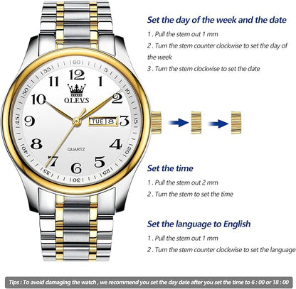 OLEVS Mens Watch Stainless Steel Analog Quartz Watches for Men Day Date Easy Read Diamond Waterproof Dress Luxury Classic Casual Big Face Blue/Black/Gold/Silver Roman Arabic Numerals Men's Wrist Watch