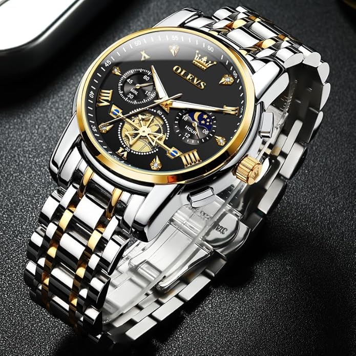 OLEVS Men Silver Watches,Men's Stainless Steel Chronograph Watch,Man Analog Quartz Big Face Male Watches Luxury Waterproof Roman Numeral Dress Diamond Relojes para Hombre