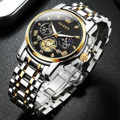 OLEVS Men Silver Watches,Men's Stainless Steel Chronograph Watch,Man Analog Quartz Big Face Male Watches Luxury Waterproof Roman Numeral Dress Diamond Relojes para Hombre