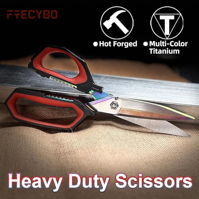 Heavy Duty Scissors 9.5'', Titanium Coating Forged Stainless Steel Blades, Industrial Utility Shears for Garage, Household, Construction, easy Cutting Cardboard, Wire, Leather, Carpet.