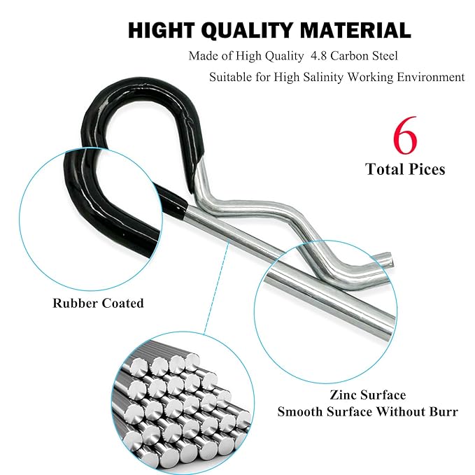 6 Pcs Heavy Duty Hitch Pins Clip R Clips Spring Retaining Wire Hair Pins Cotter Pin Strong Spring Rubber-Coated Grip R Clip for Trailer Tractors Mower Carts Truck Pin Clip M3.5x75mm Yoliko