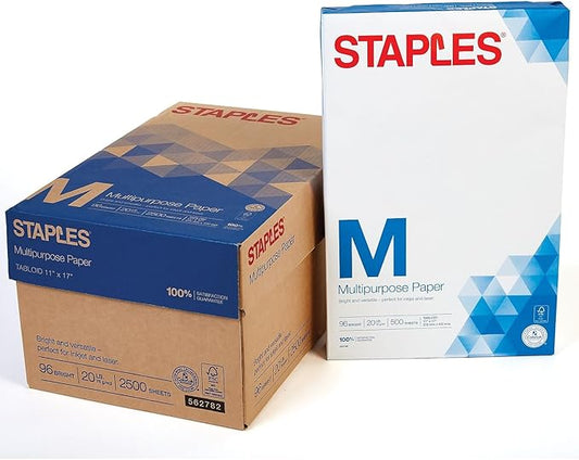 Staples Inkjet Paper – 11” x 17” Multipurpose Paper, 1 Carton of 5 Reams for 2,500 Total Sheets, 20 lbs, 96 Bright Paper – FSC and Rainforest Alliance Certified, Acid-Free