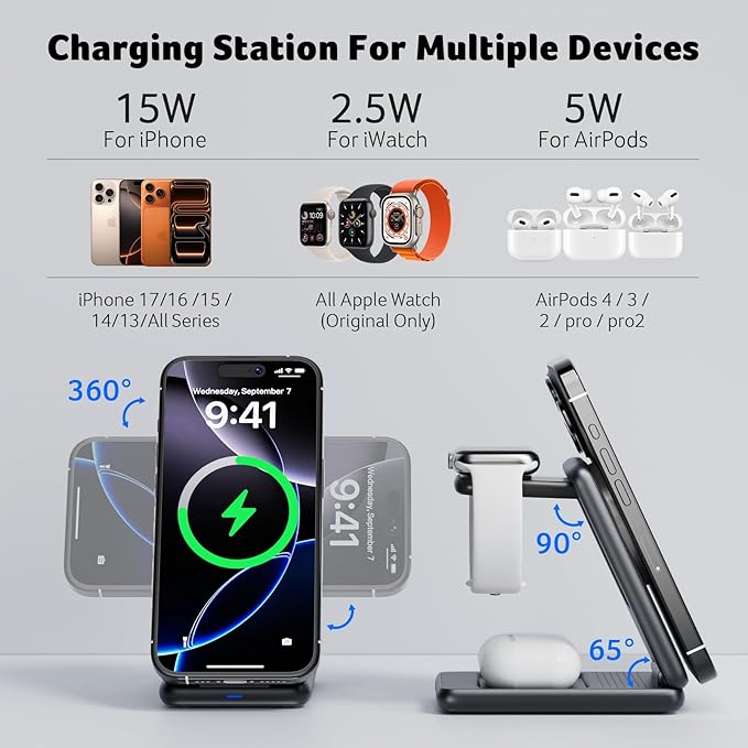 Acer 3 in 1 Charging Station for iPhone, Wireless Charger Stand,15W Fast MagSafe Charger for iPhone 17 16 15 14 13 12 Series-Apple Watch 11 10 9 8 7 6 5 4 3 2 SE and Ultra Series-Airpods 4 3 2 Pro