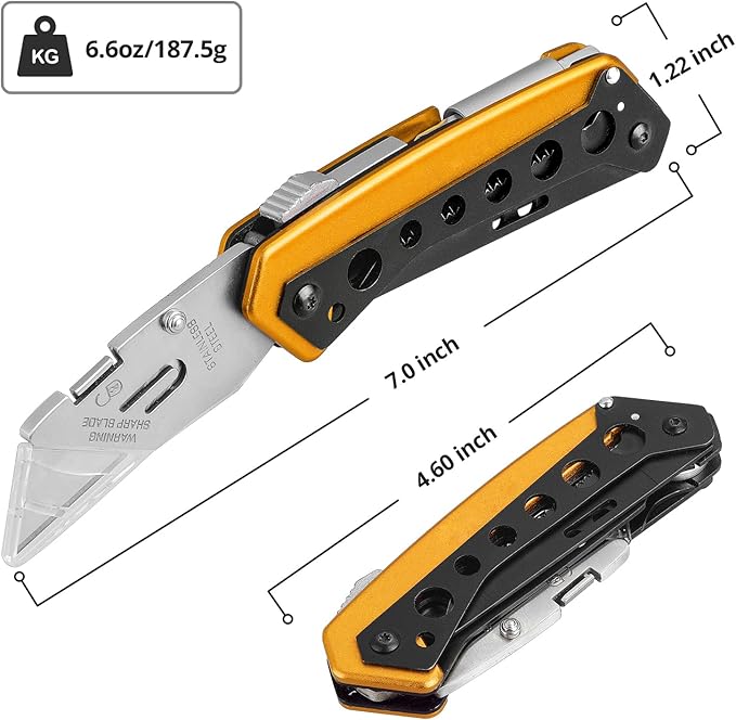 Folding Utility Knife, Box Cutter Knife, Razor Work Knives, 6 in 1 Utility Knives Multitool with 5 Razor Blades, Screwdriver, Saw, Belt Clip Safe Lock, EDC Gadgets Gifts for Men Women, Yellow