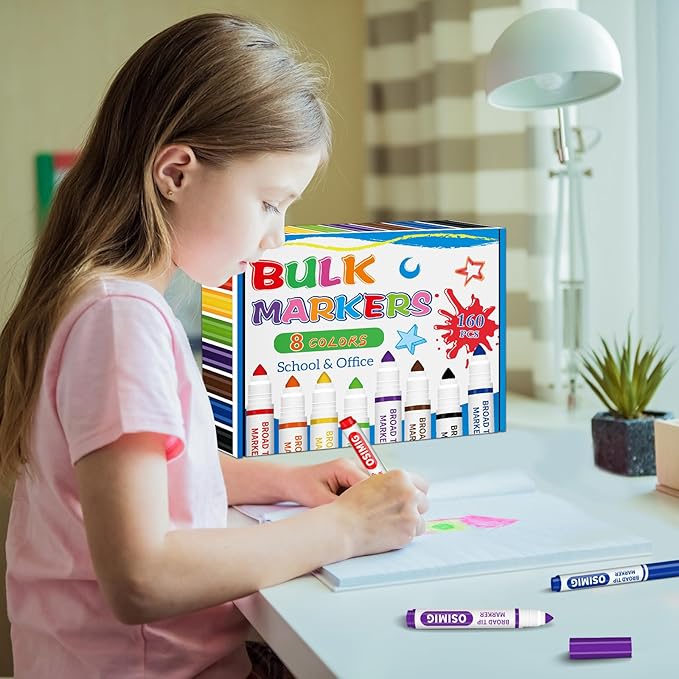 Washable Markers Bulk, 160 Count, 8 Assorted Colors, Coloring Markers for Kids, Broad Line Conical Tip, Back to School Supplies, Teacher Classroom Must Haves