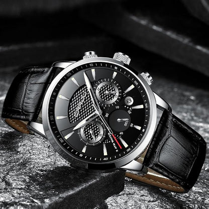 CRRJU Men's Business Casual Chronograph Quartz Waterproof Wristwatch Black Leather Strap