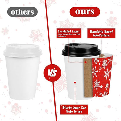 100 Count Snowflake Paper Cups 12 oz Christmas Paper Cups Disposable Red Snowflake Coffee Cups with Leak Proof Lids and and Stirrers Extra Thick Insulated Beverage Cups for Hot & Cold Liquids