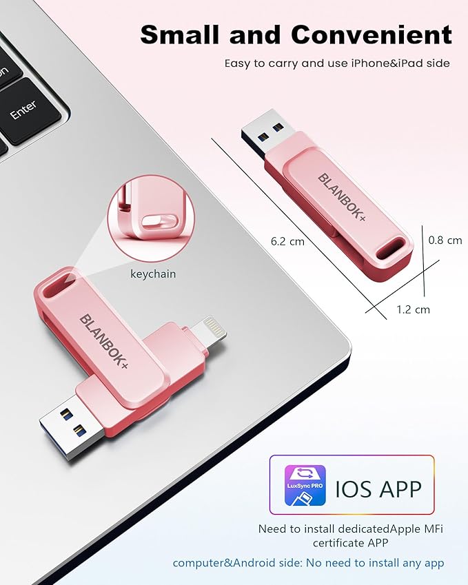 MFi Certified 256GB Flash Drive for iPhone Photo Stick, USB Memory Stick iPhone Flash Drive for Photos Videos, High Speed External Storage USB Stick Thumb Drive for iPhone/iPad/Android/PC(Rose Pink)