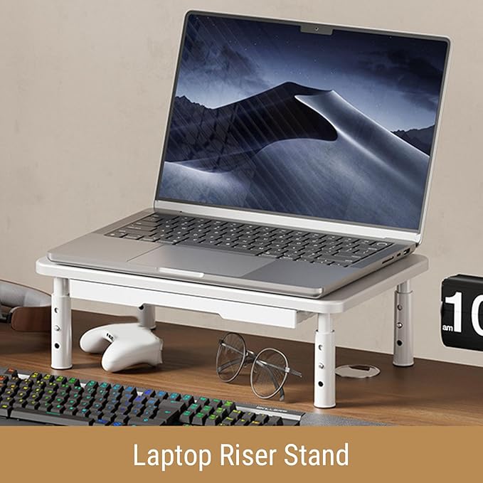 Asixxsix Desk Monitor Stand Riser, 3 Height Adjustable Laptop Riser with Drawer Storage Airflow Vents 44lbs Load Capacity Carbon Steel Tabletop Organizer for Printer Doucement Holder (White)