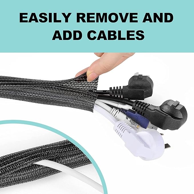AGPTEK Cable Sleeve Cover, 6.6ft - 1.5 inch Desk Cord Organizer Cable Hider, Home Office Wire Management Computer TV Wire Loom Tubing, Pet Proof Cord Protector, from Cat Dog Chewing, Black