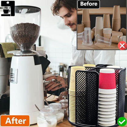 Paper Cup and Lid Holder, CITZCFYU Rotatable Coffee Cup Dispenser fit 5-16oz Disposable Cups Organizer, Plastic Cup Storage Rack for Countertop, Coffee Shop, Station, Bar, Office,Kitchen, Black