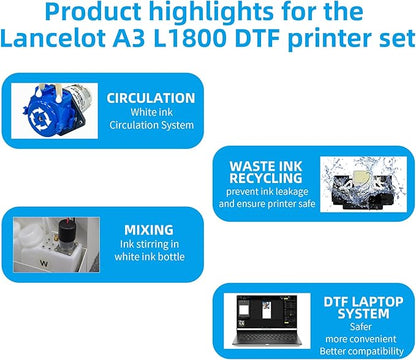 Lancelot A3 l1800 DTF Transfer Printing Machine with Roll Feeder, White Ink Circulation and Easy Operation,DTF Printer Bundle for Dark and Light Clothing (Printer+Oven+Laptop+consumable)