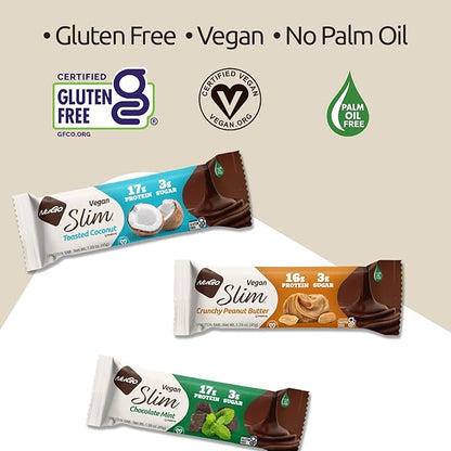 NuGo Slim 24ct Vegan Variety - Crunchy Peanut Butter 12 bars & Toasted Coconut 12 bars, Low Net Carb, Keto Friendly, 16-17g Plant Based Protein, Keto Friendly, Gluten Free, 24 count
