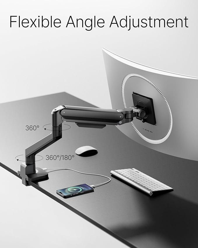 monTEK Deluxe Aluminum Monitor Arm with USB A/C for 17 to 40 Inch Curved Screens Fully Adjustable Single Monitor Arm with Clamp/Grommet, Quick Release Plate, Cable Management, VESA 75/100, MA1008UCBK