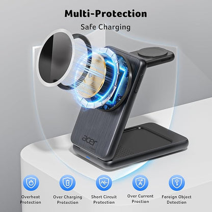 Acer 3 in 1 Charging Station for iPhone, Wireless Charger Stand,15W Fast MagSafe Charger for iPhone 17 16 15 14 13 12 Series-Apple Watch 11 10 9 8 7 6 5 4 3 2 SE and Ultra Series-Airpods 4 3 2 Pro