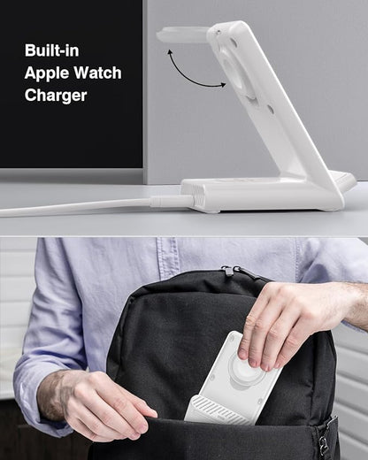 Wireless Charging Station,3 in 1 Charging Stand Made for Apple Watch Ultra 11 10 9 8 7 6 SE 5 4 3,Fast Wireless Charger Made for iPhone 17/Air/16/15/14/13/12,for AirPods Pro(with Adapter) (White)