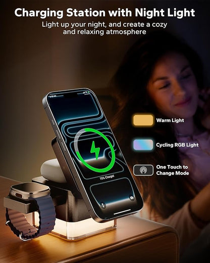 KPON for iPhone Nightstand Charging Station,15W 3 in 1 Wireless Phone Charger Stand with Night Lamp, Travel Foldable Magnetic Cube Magsafe Dock for iPhone 17 16 15 14 13 12 Series/Apple Watch/Airpods
