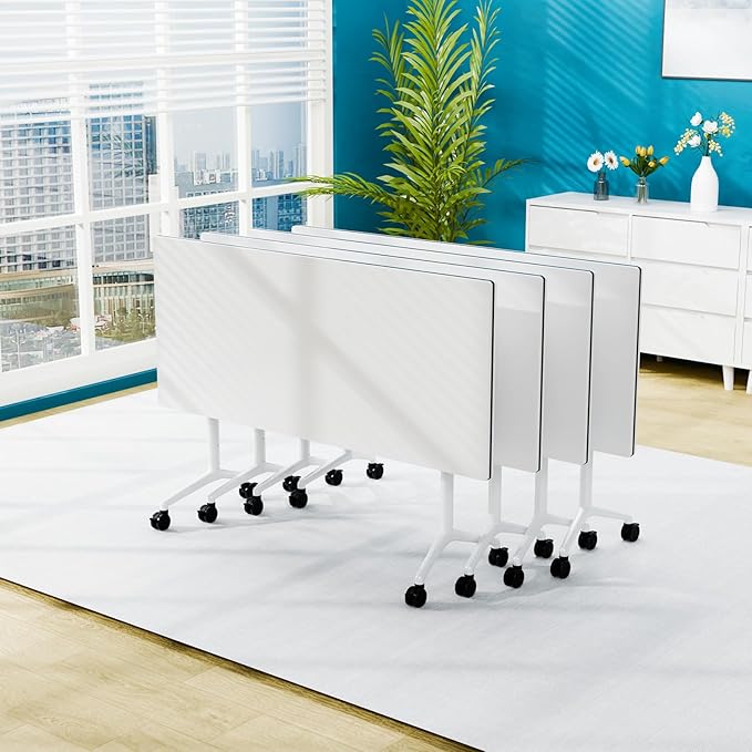 Conference Table Folding Conference Room Tables, Modern Mobile Meeting Training Table with Silent Wheels, Foldable Seminar Table for Offices, Classrooms, Libraries (4, White, 55.1in)