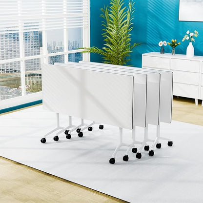 Conference Table Folding Conference Room Tables, Modern Mobile Meeting Training Table with Silent Wheels, Foldable Seminar Table for Offices, Classrooms, Libraries (4, White, 55.1in)