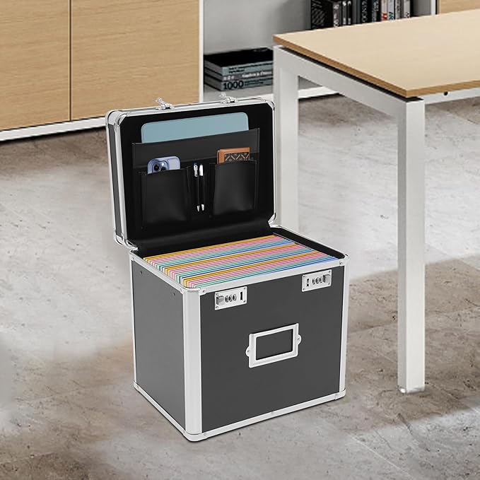 Storage File Boxes, Locking File Organizer Box, 13.5” Portable with Handle, Large Capacity Combination Box, Lockable File Cabinet, Secure Document Box for Letters, Office