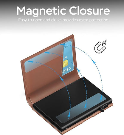 Mens Wallet Card Holder for Air Tag - RFID Blocking Wallet for Men with AirTag Holder, Smart Pop up Aluminum Case, Trifold, Slim, Minimalist, Front Pocket, Premium Leather - ID Window | Cash Slot