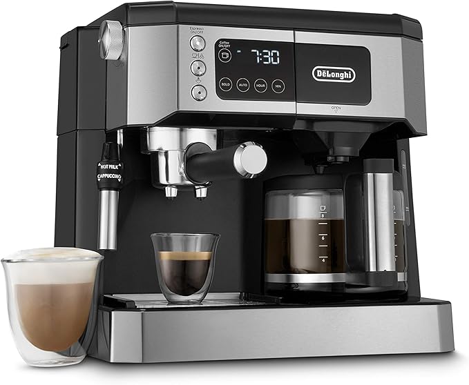 De'Longhi All-in-One Combination Coffee Maker & Espresso Machine + Advanced Adjustable Milk Frother for Cappuccino & Latte + Glass Coffee Pot 10-Cup, COM532M black
