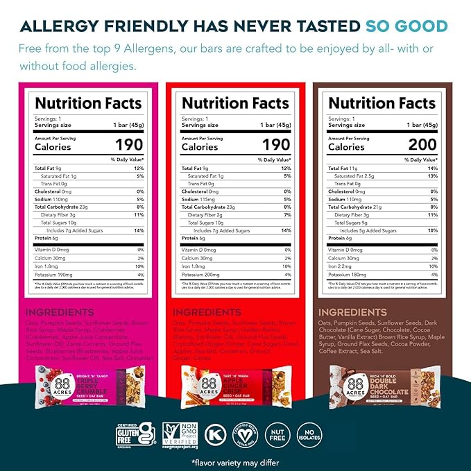 88 Acres Granola Bars | Gluten Free, Nut-Free Oat and Seed Snack Bar | Vegan & Non GMO | 12 Pack (Variety Pack)…