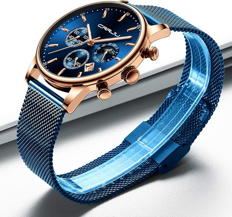 CRRJU Men's Fashion Casual Watches Auto Date Chronograph Watch Men Nice Work Watches Waterproof 30M Full Steel Quartz with Mesh Strap