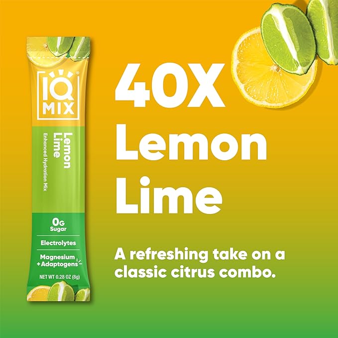 IQMIX Hydration Electrolyte Powder – 4-in-1 Formula for Hydration, Mental Clarity, Mood and Recovery – Sugar-Free Drink Mix, Keto, Magnesium L-Threonate, Lion’s Mane – 40 Count Lemon Lime