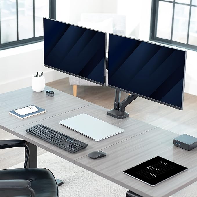 VIVO Dual Pneumatic Arm Ultra-Wide Monitor Mount for up to 35 inch Screens, Holds 26.4 lbs per Arm, Desk Mount Monitor Stand for 2 Ultrawides, Black, STAND-V200O
