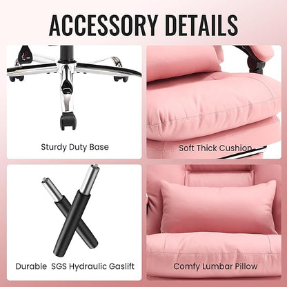 Pink Office Chair with Footrest 500lbs,Reclining Leather Computer Chair for Heavy People, Big and Tall Comfy Executive Desk Chair with Lumbar Support & Pillow,High Back