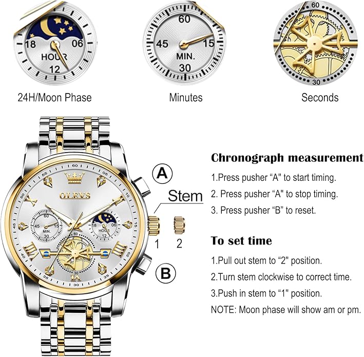 OLEVS Men Watches Stainless Steel Chronograph Watch, Large Wrist Analog Quartz Watch, Fashion Waterproof Diamond Roman Numerals Dress Watches for Men, Gold/Black/White/Blue/Grey Dial