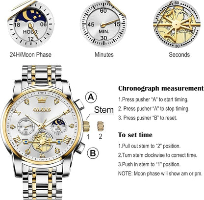 OLEVS Men Watches Stainless Steel Chronograph Watch, Large Wrist Analog Quartz Watch, Fashion Waterproof Diamond Roman Numerals Dress Watches for Men, Gold/Black/White/Blue/Grey Dial