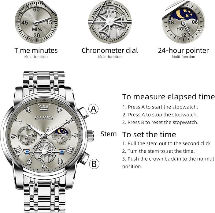OLEVS Men Silver Watches,Men's Stainless Steel Chronograph Watch,Man Analog Quartz Big Face Male Watches Luxury Waterproof Roman Numeral Dress Diamond Relojes para Hombre