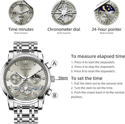 OLEVS Men Silver Watches,Men's Stainless Steel Chronograph Watch,Man Analog Quartz Big Face Male Watches Luxury Waterproof Roman Numeral Dress Diamond Relojes para Hombre
