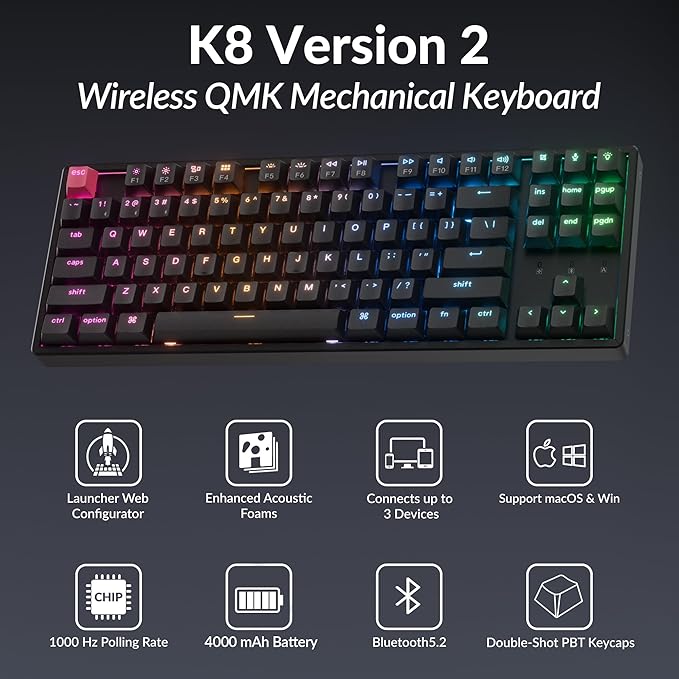 Keychron K8 Version 2 TKL Wireless Mechanical Keyboard, QMK/Launcher Bluetooth 5.2/Wired, RGB Backlit Shine-Through PBT Keycaps, Super Banana Switch, Aluminum Frame for Mac Windows Linux