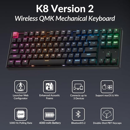 Keychron K8 Version 2 TKL Wireless Mechanical Keyboard, QMK/Launcher Bluetooth 5.2/Wired, RGB Backlit Shine-Through PBT Keycaps, Super Red Switch, Aluminum Frame for Mac Windows Linux