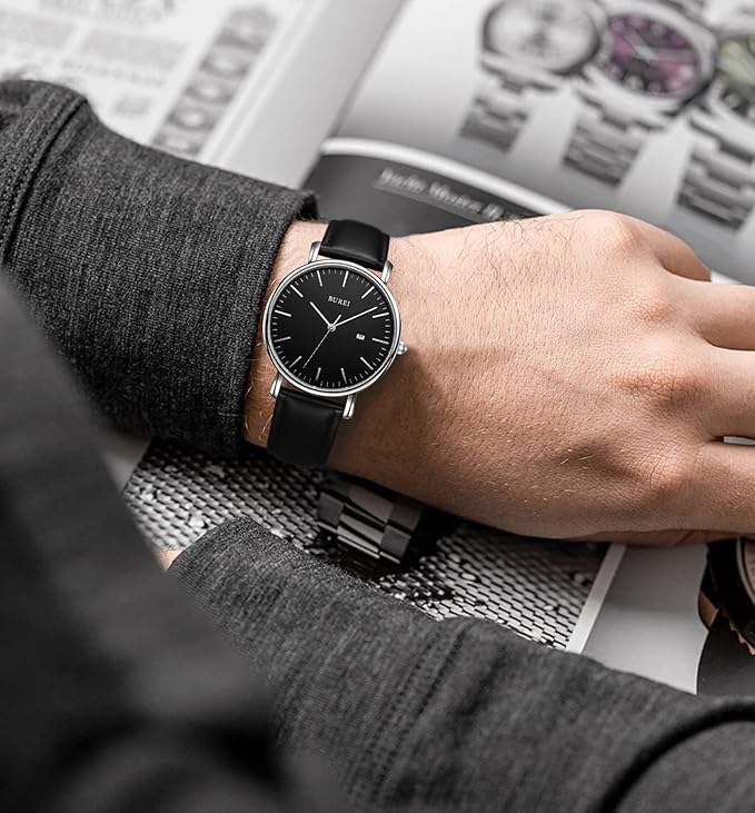 BUREI Men Watches Brown Leather Fashion Minimalist Wrist Watch Simple Ultra Thin Waterproof Quartz Watches All Black Stainless Steel Mesh Band,Gift for Men Women