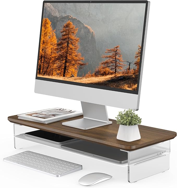 Fenge Acrylic Monitor Stand Riser, 23.6 Inches Monitor Stand with Metal Storage, 2 Tier Acrylic Computer Riser for Desk, Clear Laptop Stand for PC, Laptop, Printer, TV